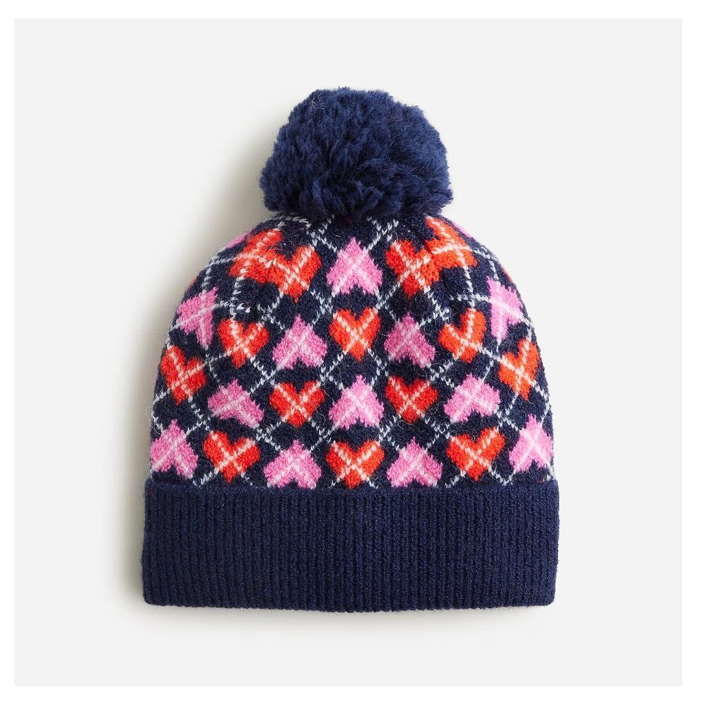 J. Crew Crewcuts Girls Kids Supersoft Yarn Beanie Argyle Heart S-M (7-8)